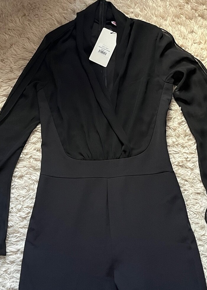 Kadın şık abiye uzun siyah tulum - Görsel 3