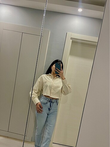 s Beden Keten oversize crop gömlek