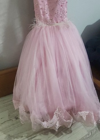 Pembe Straplez Midi Dantelli Nişan Elbisesi