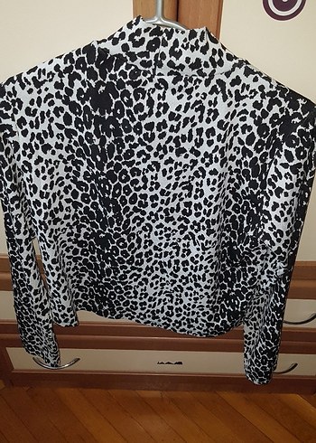 xl Beden Gri Leopar Desenli Uzun Kollu Bluz