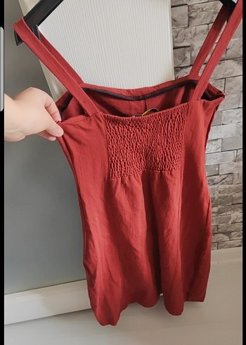Pull and Bear Kırmızı Keten Midi Düğmeli Elbise