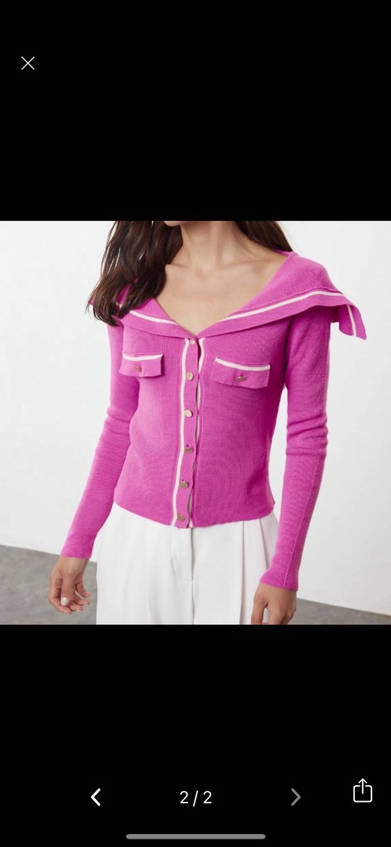 Düğmeli V Yakalı Pembe Kadın Triko - Görsel 2