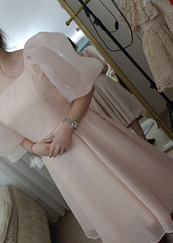 Pudra saten midi boy elbise - Görsel 6