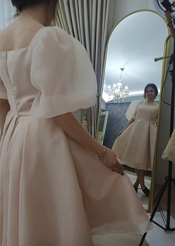 Pudra saten midi boy elbise - Görsel 7