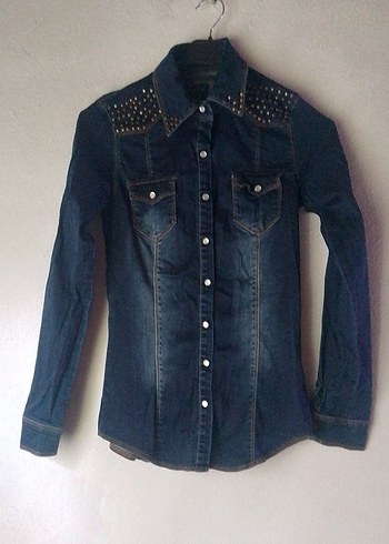 #Düğmeli Lacivert Denim Kadın Gömlek