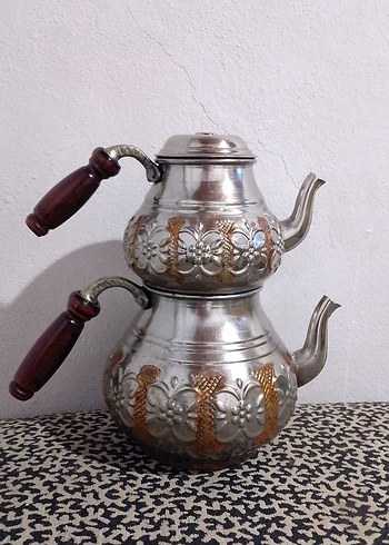 Diğer #Ahşap Saplı Gri-Kahverengi İşlemeli Çaydanlık bakir caydanlik