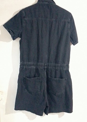 #Siyah Kısa Kollu Denim Tulum - Görsel 2