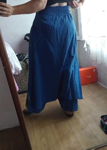Diğer Bohem Tarzı Uzun Mavi Bağlamalı Kadın Pantolonu