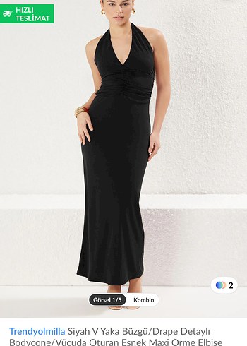 Trendyolmilla Siyah V Yaka Drapeli Uzun Elbise