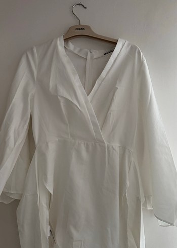 Beyaz Keten V Yaka Drapeli Kadın Gömlek - Görsel 3