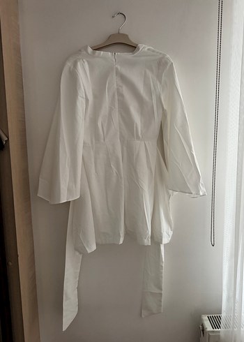 Beyaz Keten V Yaka Drapeli Kadın Gömlek - Görsel 4