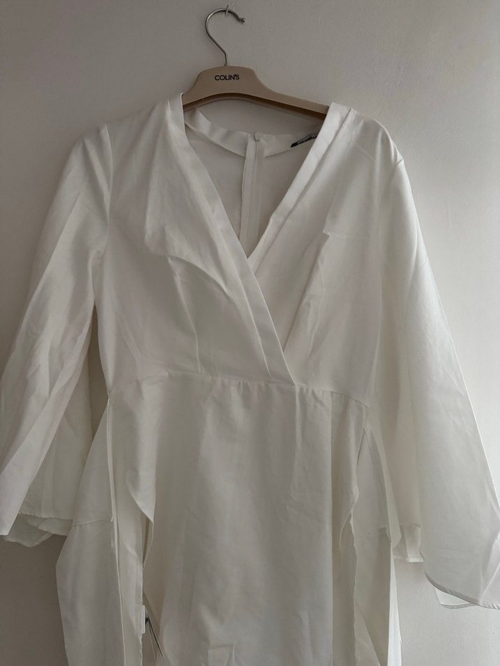 Beyaz Keten V Yaka Drapeli Kadın Gömlek - Görsel 3