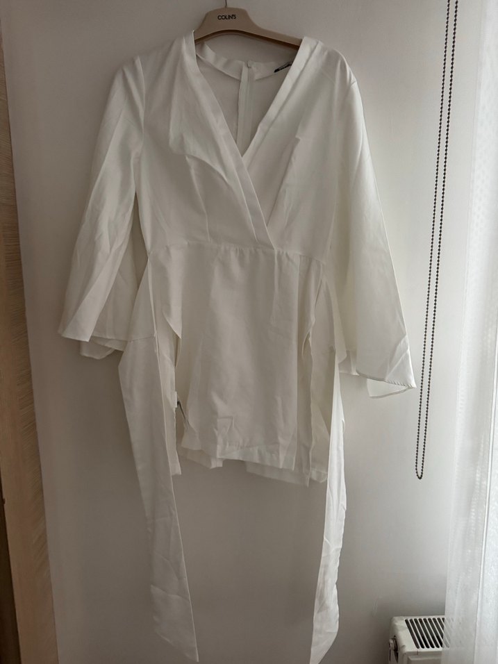 Beyaz Keten V Yaka Drapeli Kadın Gömlek - Görsel 2