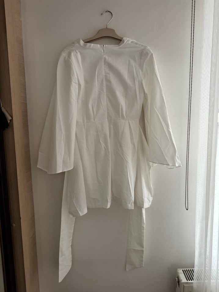 Beyaz Keten V Yaka Drapeli Kadın Gömlek - Görsel 4