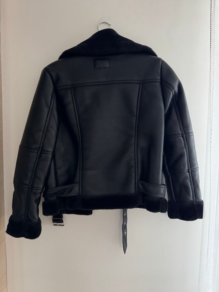 Deri Siyah Kemerli Biker Ceket - Görsel 4