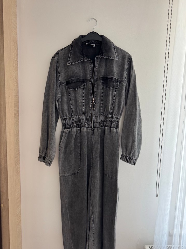 Kadın Gri Uzun Denim Tulum - Görsel 2