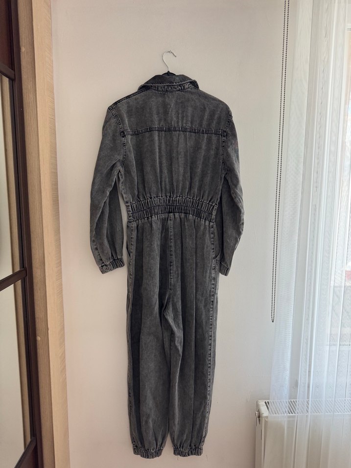 Kadın Gri Uzun Denim Tulum - Görsel 4