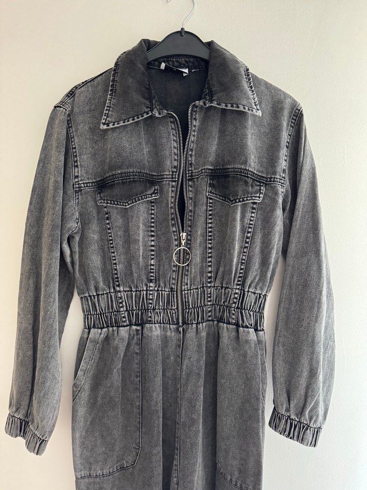 Kadın Gri Uzun Denim Tulum - Görsel 3