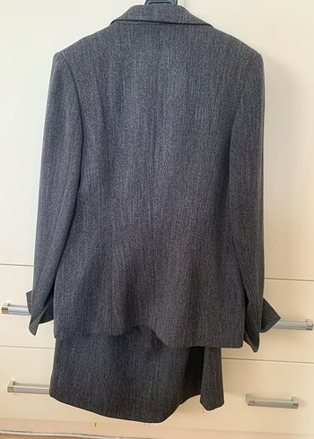 Gri Kadın Keten Kumaşlı Düğmeli Ofis Takım - Görsel 4