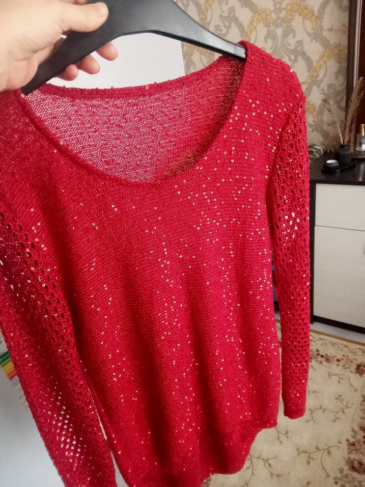 Parlak Kırmızı Örgü Kadın bluz - Görsel 2