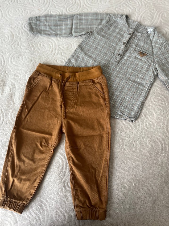 Uzun Kollu Gri Ekoseli Gömlek ve Kahverengi Pantolon Takım - Görsel 2