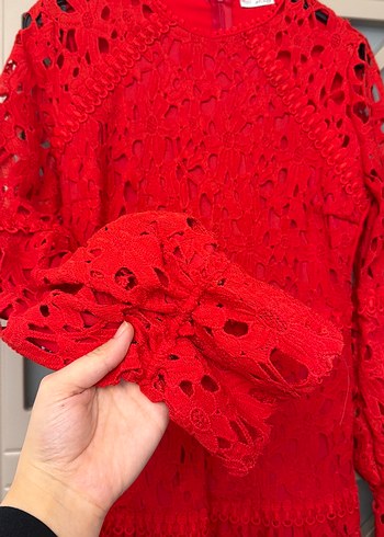 Dantel Detaylı Kırmızı Mini Bohem Elbise - Görsel 2