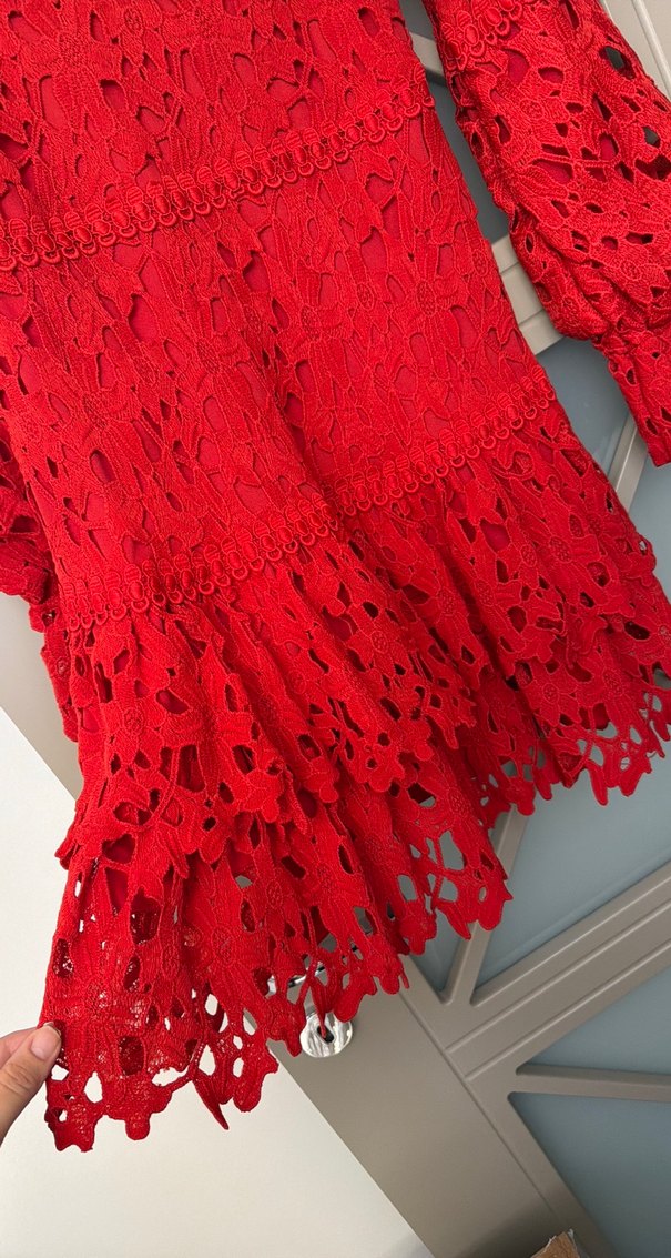 Dantel Detaylı Kırmızı Mini Bohem Elbise - Görsel 3