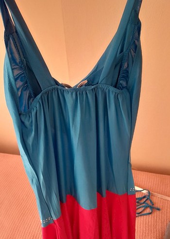 Drapeli Mini Mavi Plaj Elbisesi gecelik - Görsel 6