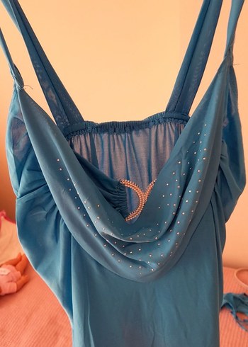 Drapeli Mini Mavi Plaj Elbisesi gecelik - Görsel 4