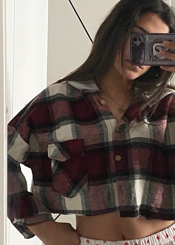 Kapüşonlu Bordo crop Kareli Gömlek - Görsel 7