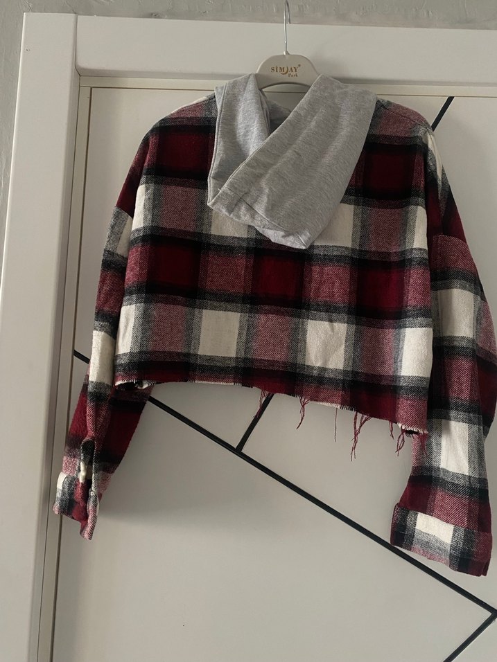 Kapüşonlu Bordo crop Kareli Gömlek - Görsel 2