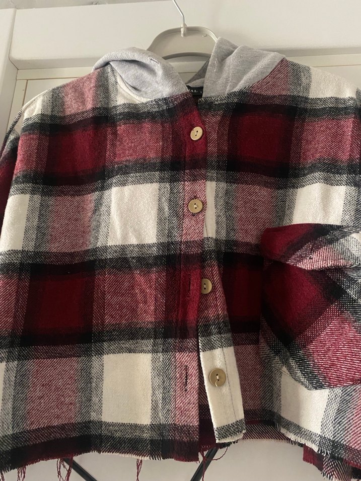 Kapüşonlu Bordo crop Kareli Gömlek - Görsel 3