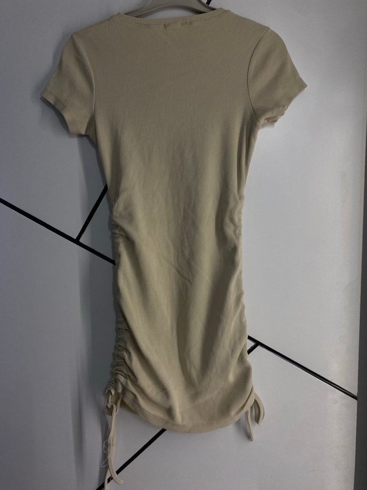 Bej Kısa Kollu ipli midi Elbise - Görsel 2