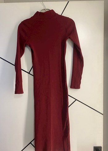 Bordo Yüksek Yakalı Uzun Kollu Elbise - Görsel 2