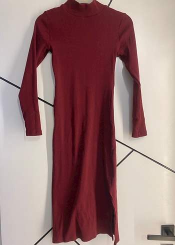 Bordo Yüksek Yakalı Uzun Kollu Elbise - Görsel 3