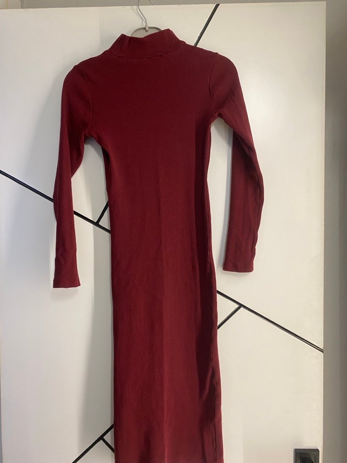 Bordo Yüksek Yakalı Uzun Kollu Elbise - Görsel 2