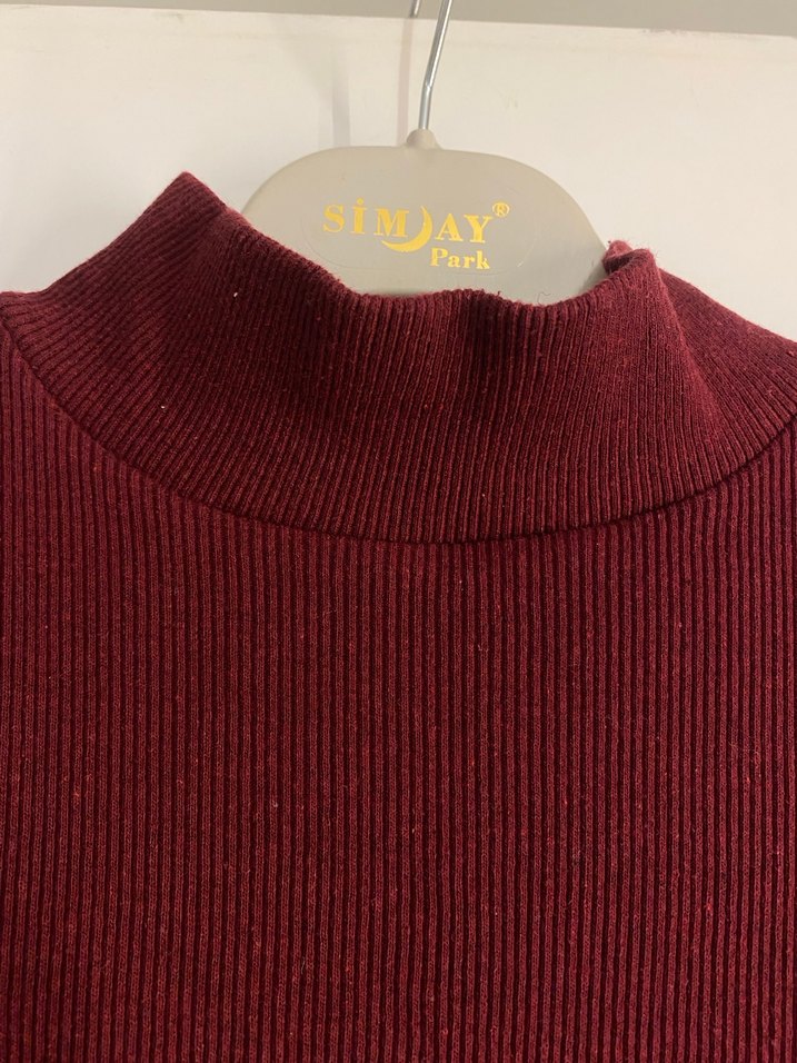 Bordo Yüksek Yakalı Uzun Kollu Elbise - Görsel 4