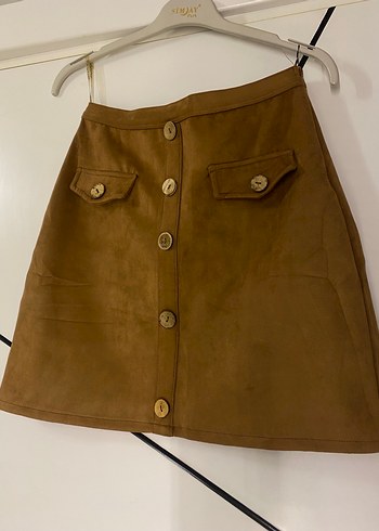 Düğmeli Taba rengi Süet Mini Etek - Görsel 2