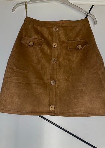 Düğmeli Taba rengi Süet Mini Etek - Görsel 3