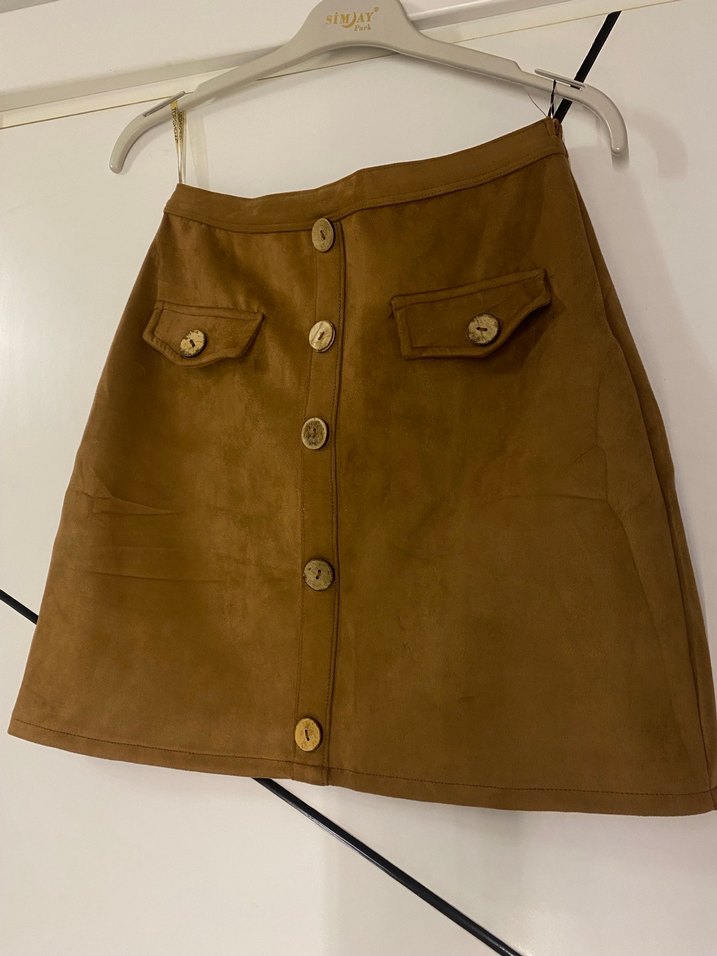 Düğmeli Taba rengi Süet Mini Etek - Görsel 2