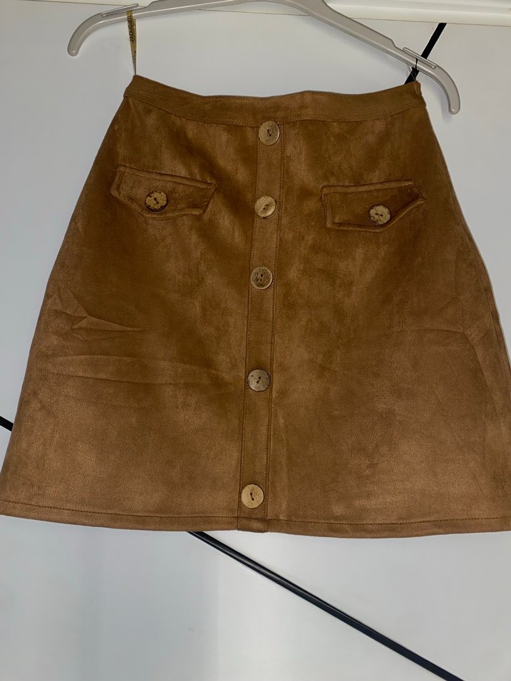 Düğmeli Taba rengi Süet Mini Etek - Görsel 3