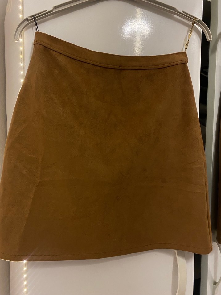 Düğmeli Taba rengi Süet Mini Etek - Görsel 5