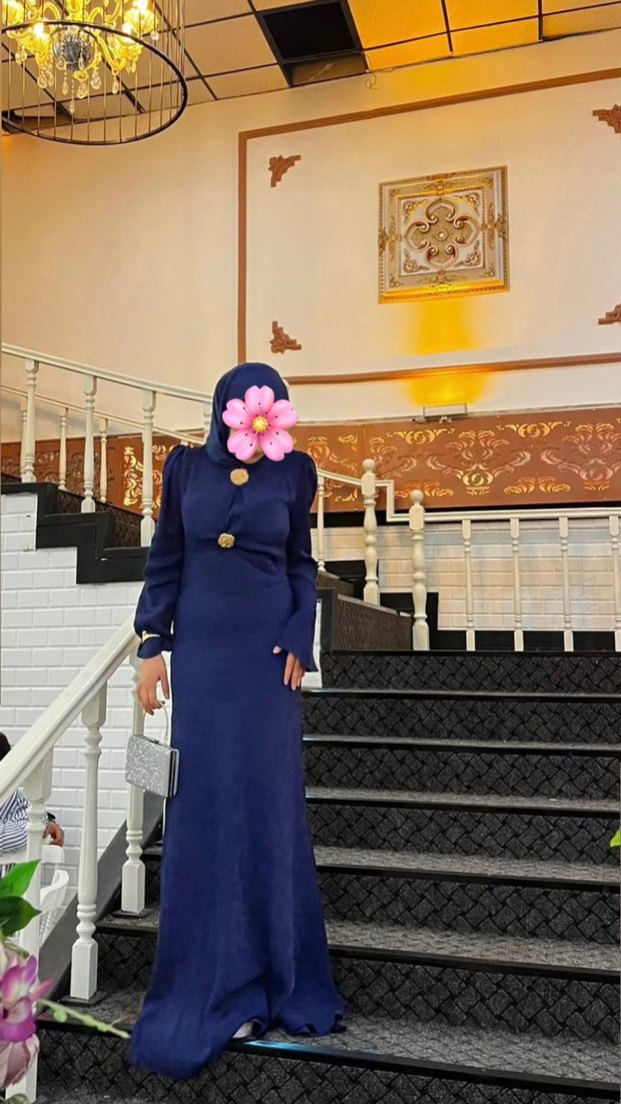 Uzun Kollu Mavi Drapeli Kadın Abiye Elbise - Görsel 3