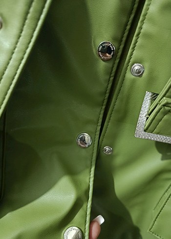 Kadın Yeşil Deri Kemerli Uzun Ceket - Görsel 4