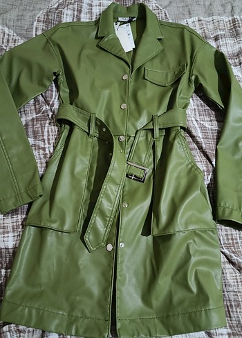 Kadın Yeşil Deri Kemerli Uzun Ceket - Görsel 2