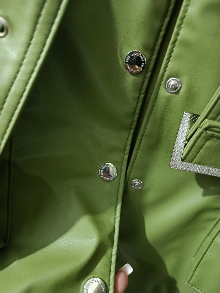 Kadın Yeşil Deri Kemerli Uzun Ceket - Görsel 4