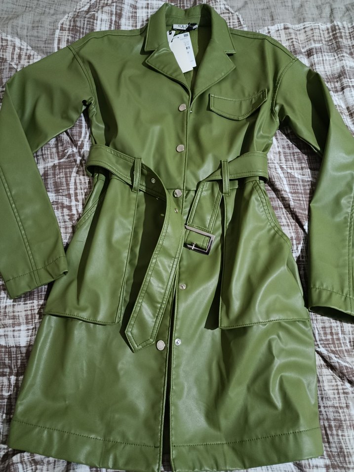 Kadın Yeşil Deri Kemerli Uzun Ceket - Görsel 2