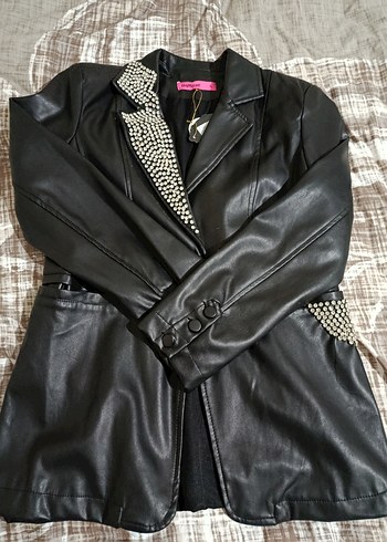 Siyah Deri Kadın Ceket Düğmeli - Görsel 2