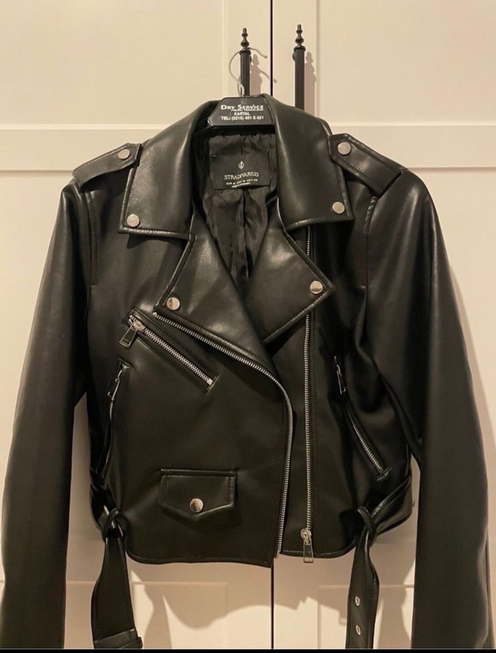 Kadın Siyah Deri Biker Ceket - Görsel 3