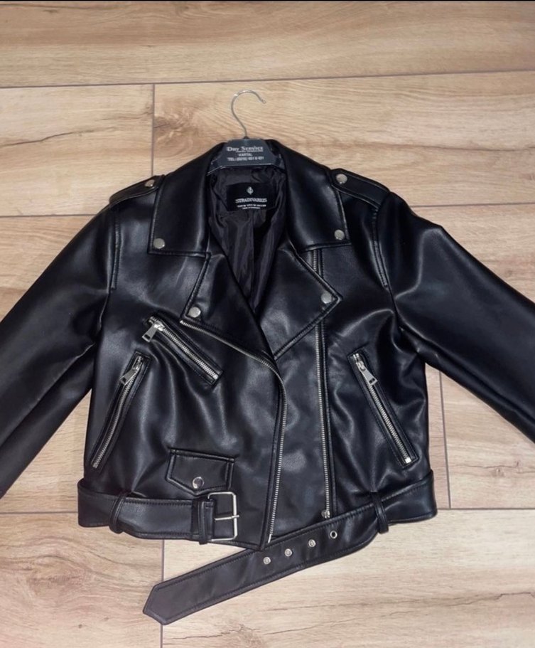 Kadın Siyah Deri Biker Ceket - Görsel 5